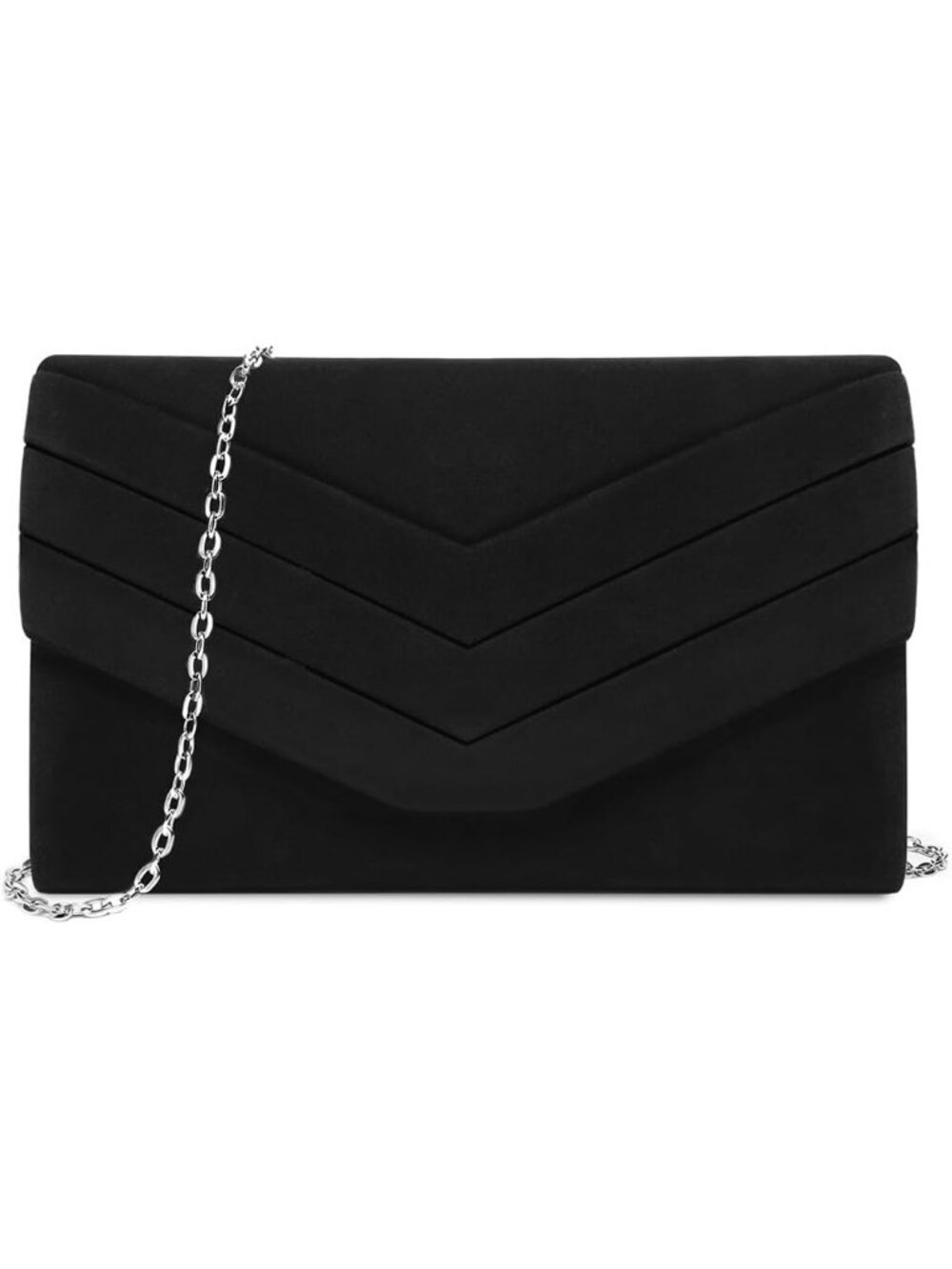 Womens Black Matte Chevron Pleated V Flap Detachable Chain Envelope Evening Bag